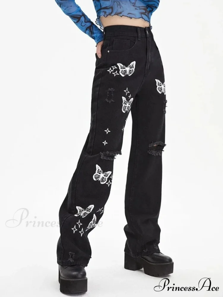 New Butterfly Print Ripped High Waist Loose Straight Cotton Streetwear Jean - Image 5