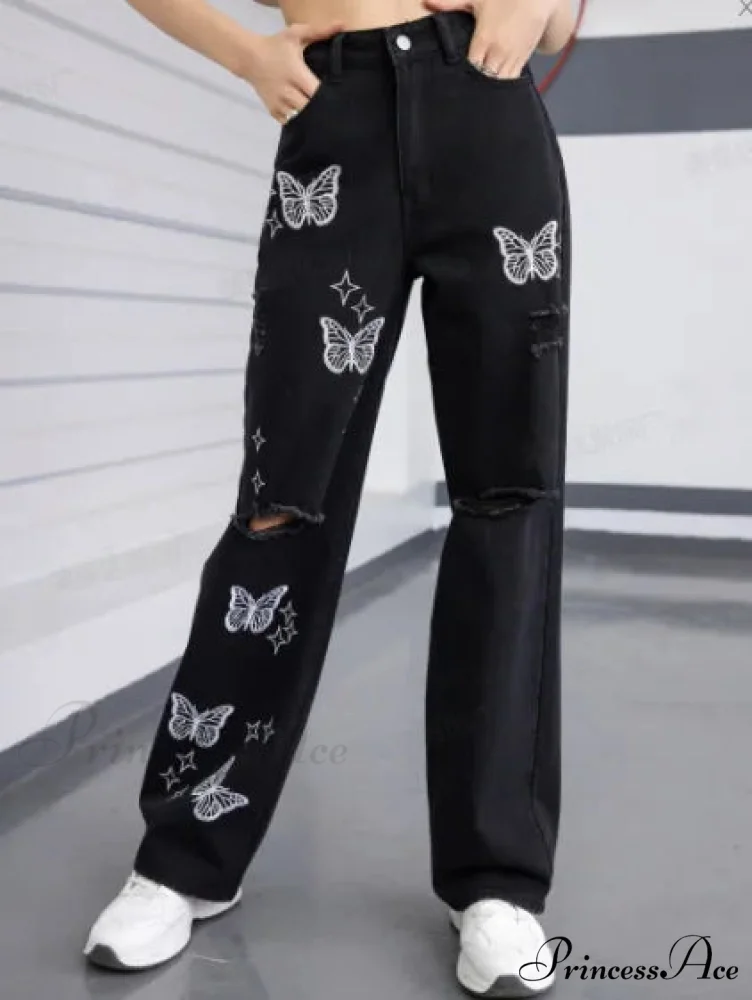 New Butterfly Print Ripped High Waist Loose Straight Cotton Streetwear Jean - Image 6