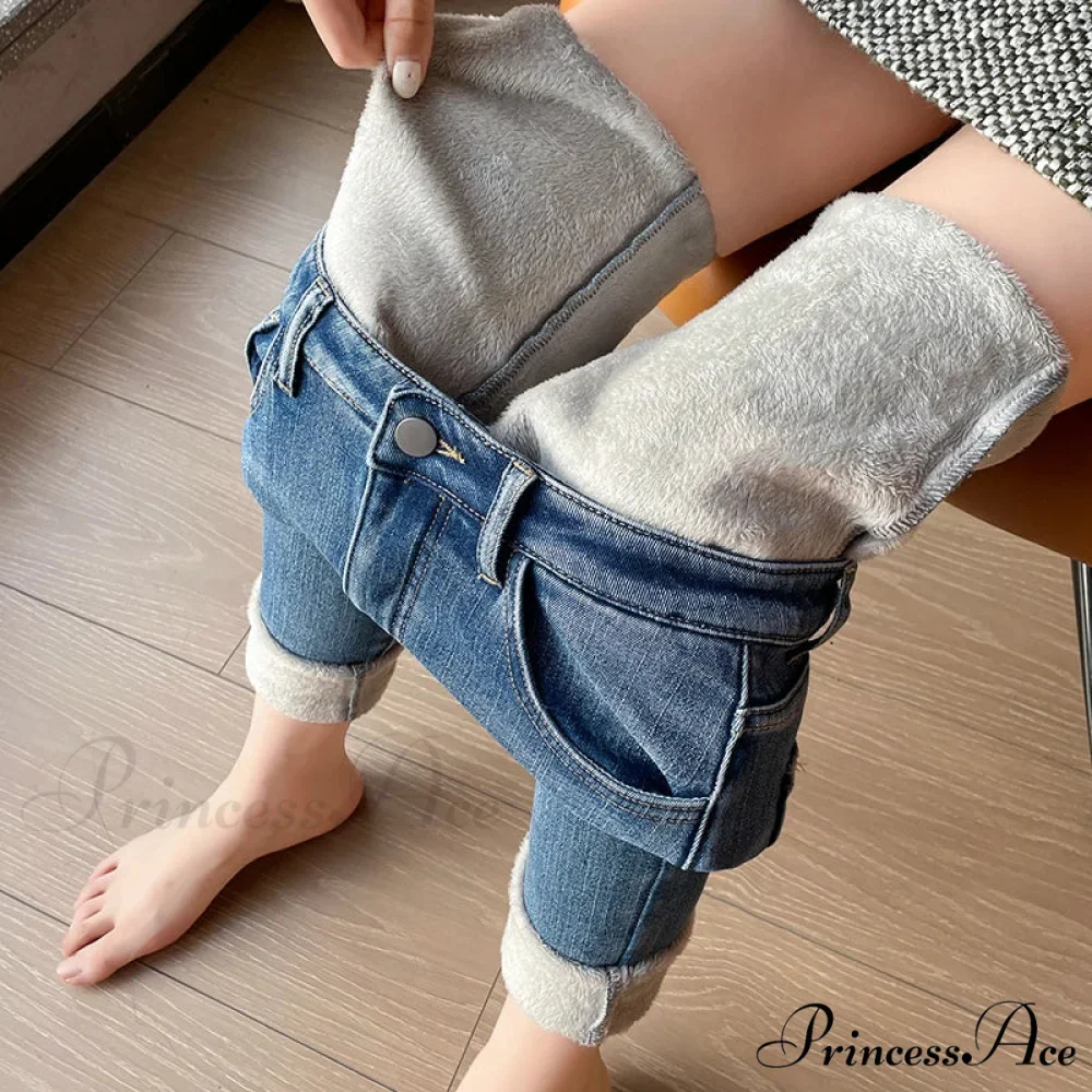 Winter Warm Plush Stretch Thermal Fleece Retro Thicken High Waist Jean - Image 3