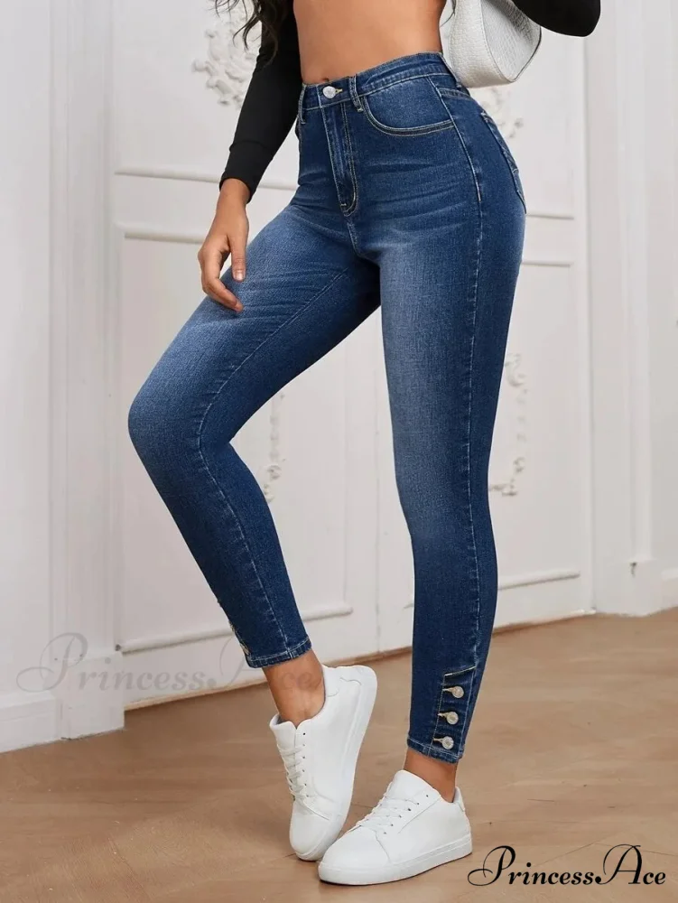 Stretch Skinny Pencil High Waist Slim Large Full Length Distressed Jean - Image 2