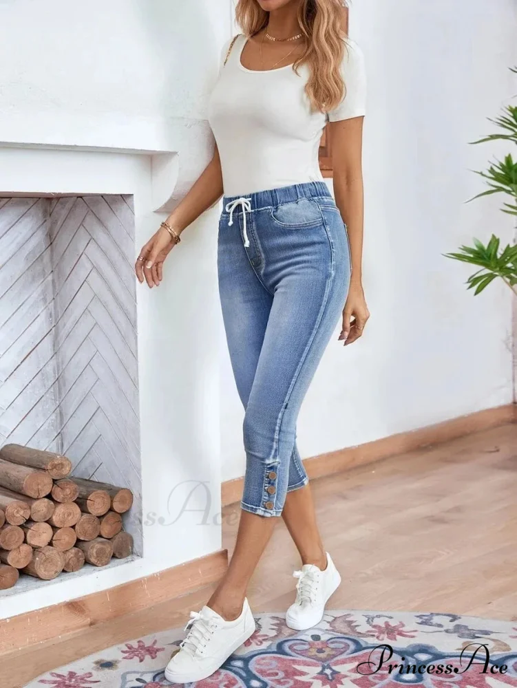 Elastic Waist Calf-Length Summer Casual Skinny Fashion High Slim Jean - Image 3