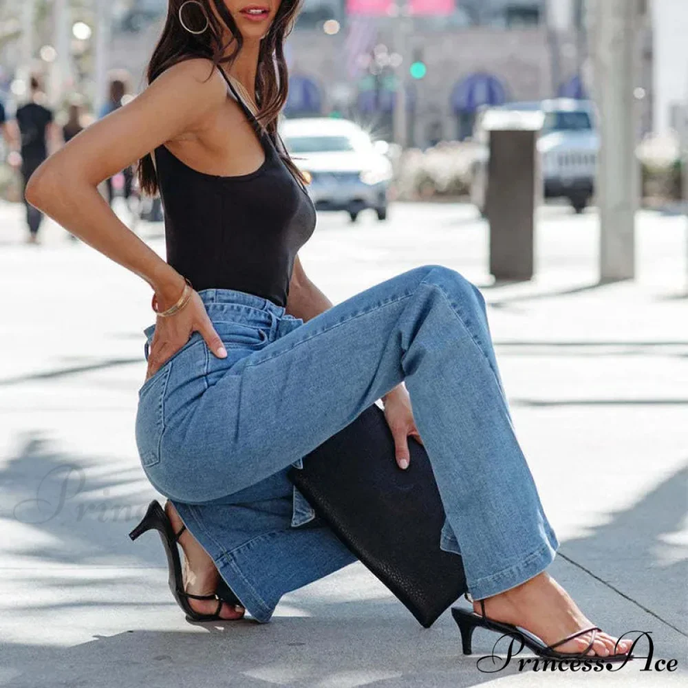 Wide Leg Flare Full Length Slim Skinny High Waist Vintage Fashionable Denim Jean - Image 5