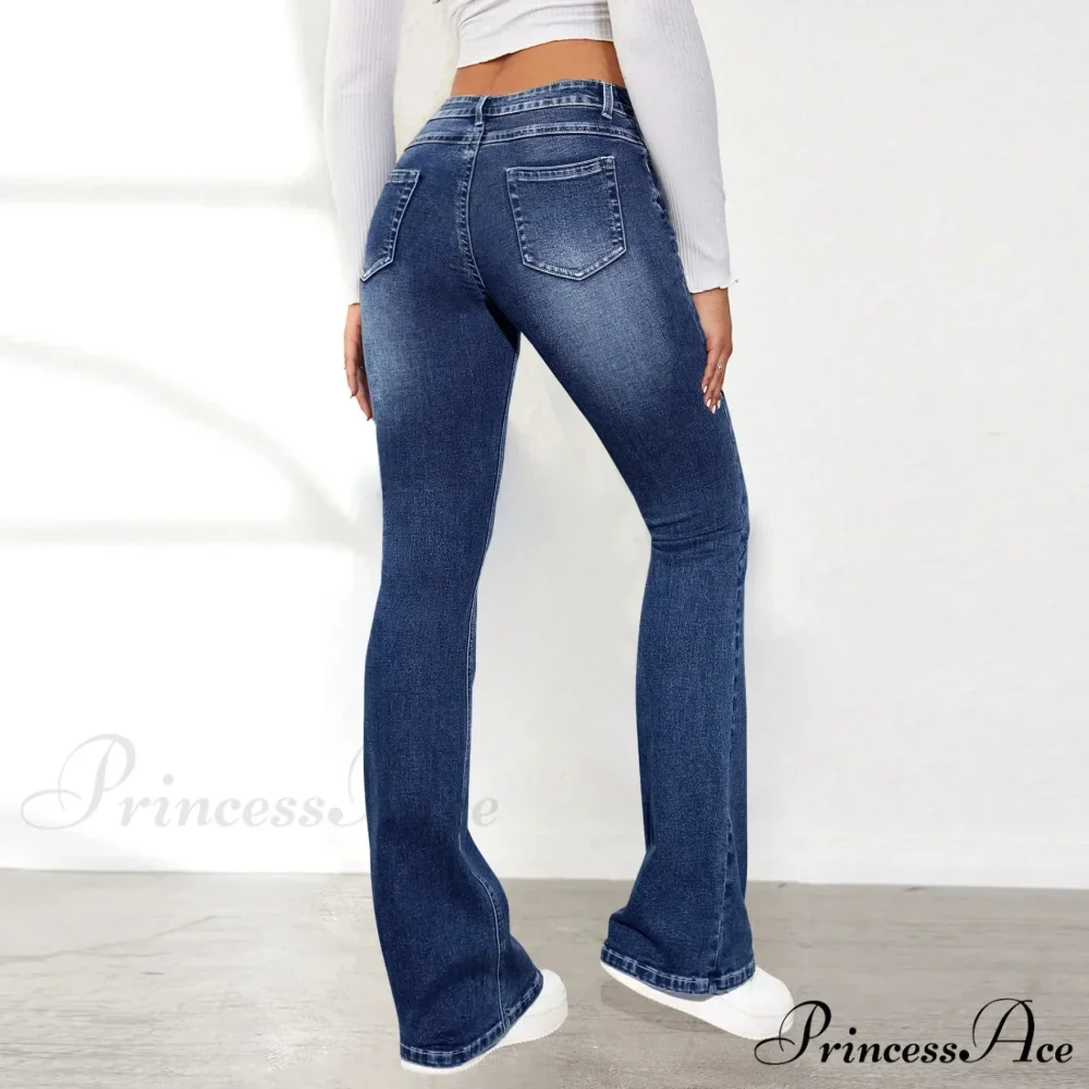 Stretch Slim Retro High Waist Stitching Washed Bell-Bottom Fashionable Stylish Elegant Jean - Image 2