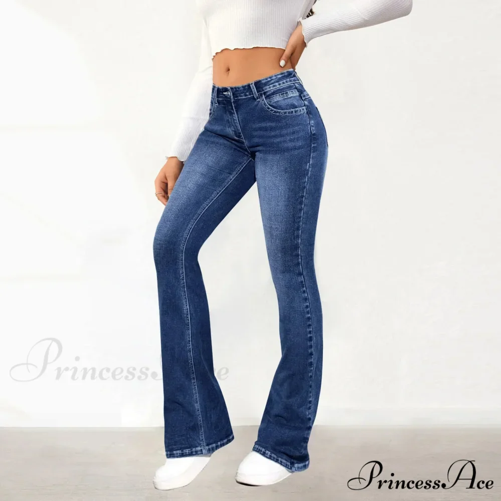 Stretch Slim Retro High Waist Stitching Washed Bell-Bottom Fashionable Stylish Elegant Jean - Image 3