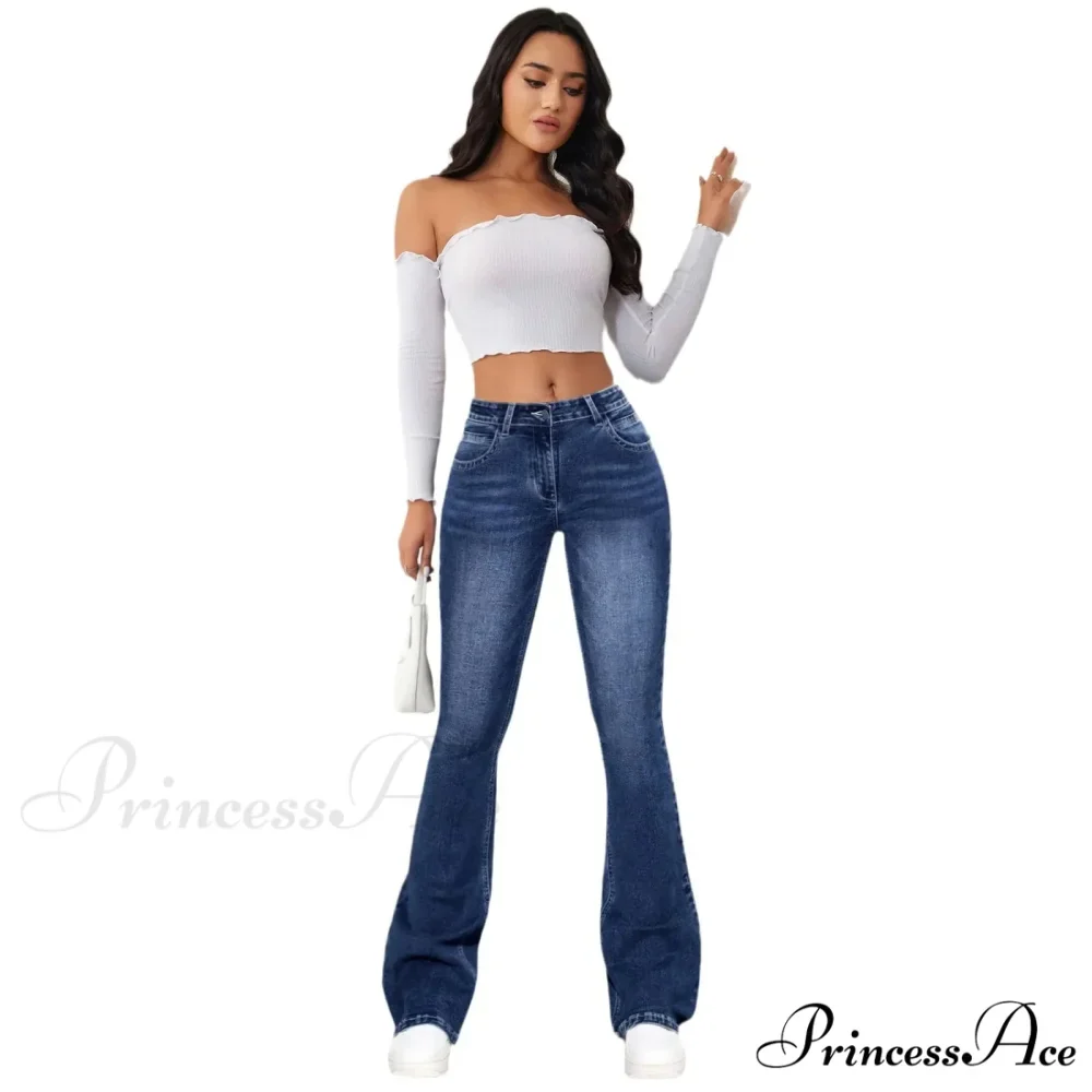 Stretch Slim Retro High Waist Stitching Washed Bell-Bottom Fashionable Stylish Elegant Jean - Image 4