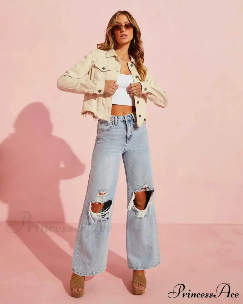 Fall High Waist Ripped New Blue Streetwear Casual Wide Leg Baggy Trendy Fashionable Denim Jean - Image 2