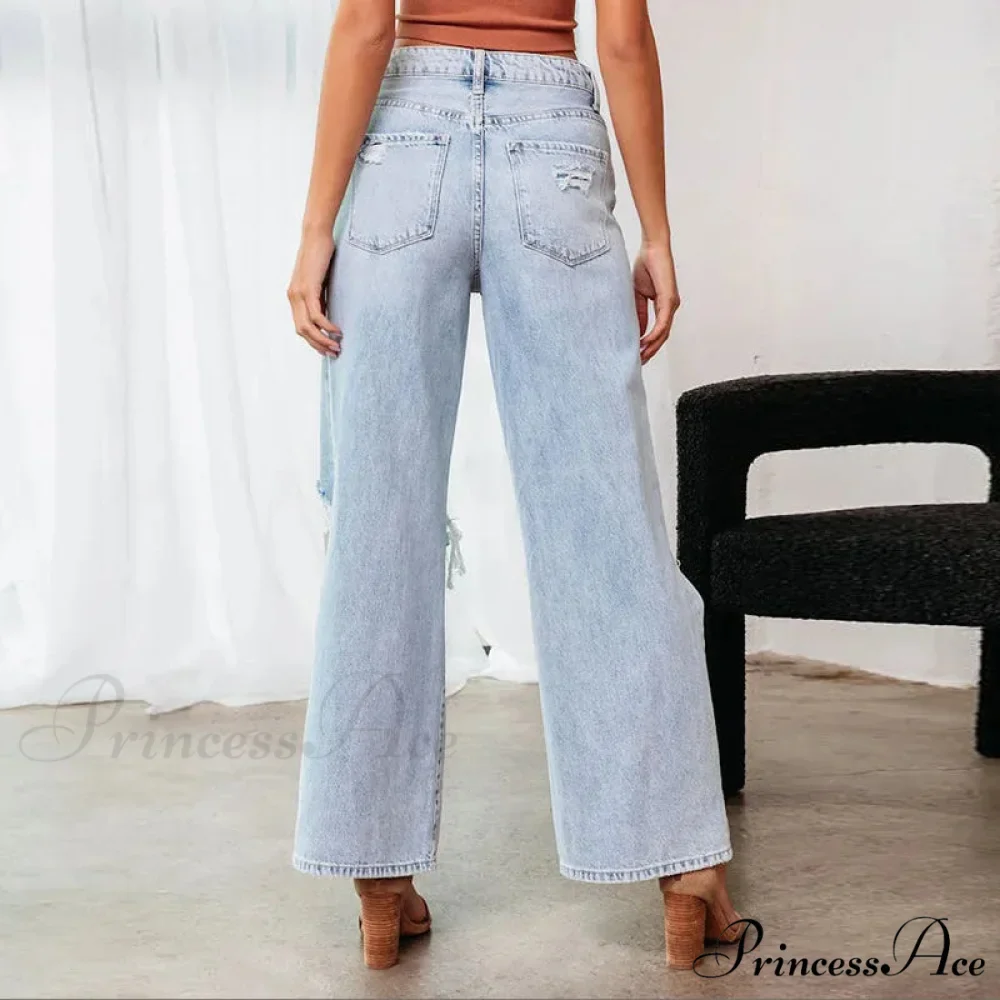 Fall High Waist Ripped New Blue Streetwear Casual Wide Leg Baggy Trendy Fashionable Denim Jean - Image 3