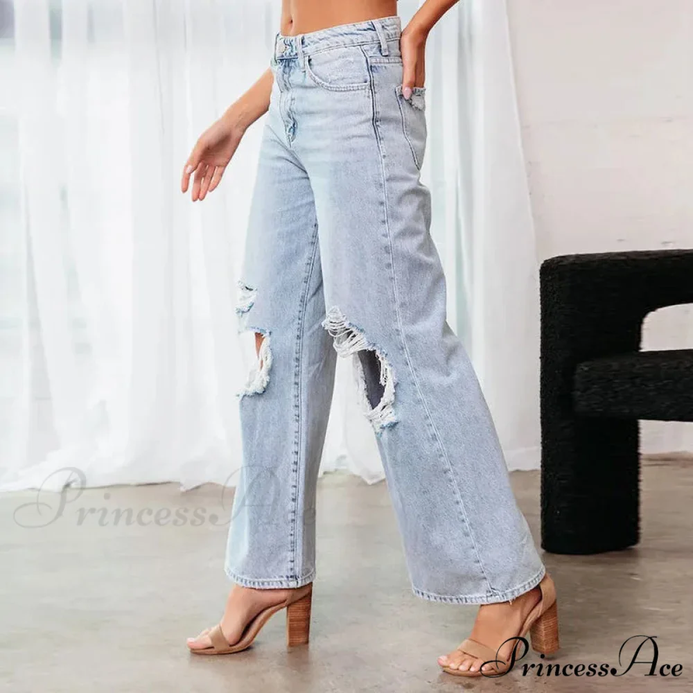 Fall High Waist Ripped New Blue Streetwear Casual Wide Leg Baggy Trendy Fashionable Denim Jean - Image 4