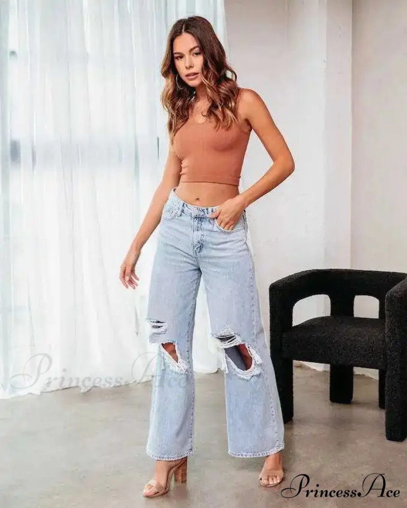 Fall High Waist Ripped New Blue Streetwear Casual Wide Leg Baggy Trendy Fashionable Denim Jean - Image 6