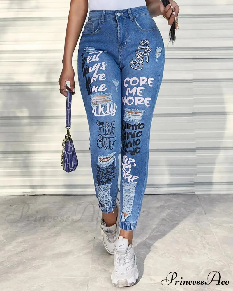 Letter Print Ripped New Casual Denim Jean - Image 2
