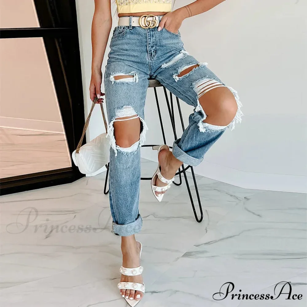 Trendy Blue High Waist Ripped Streetwear Casual Denim Jean - Image 2