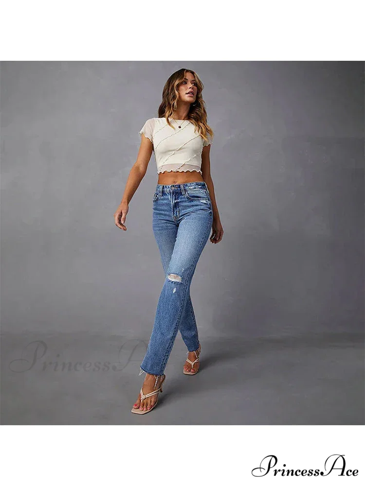 Stretch Blue High Waist Ripped Casual Fashion Streetwear Denim Jean - Image 2
