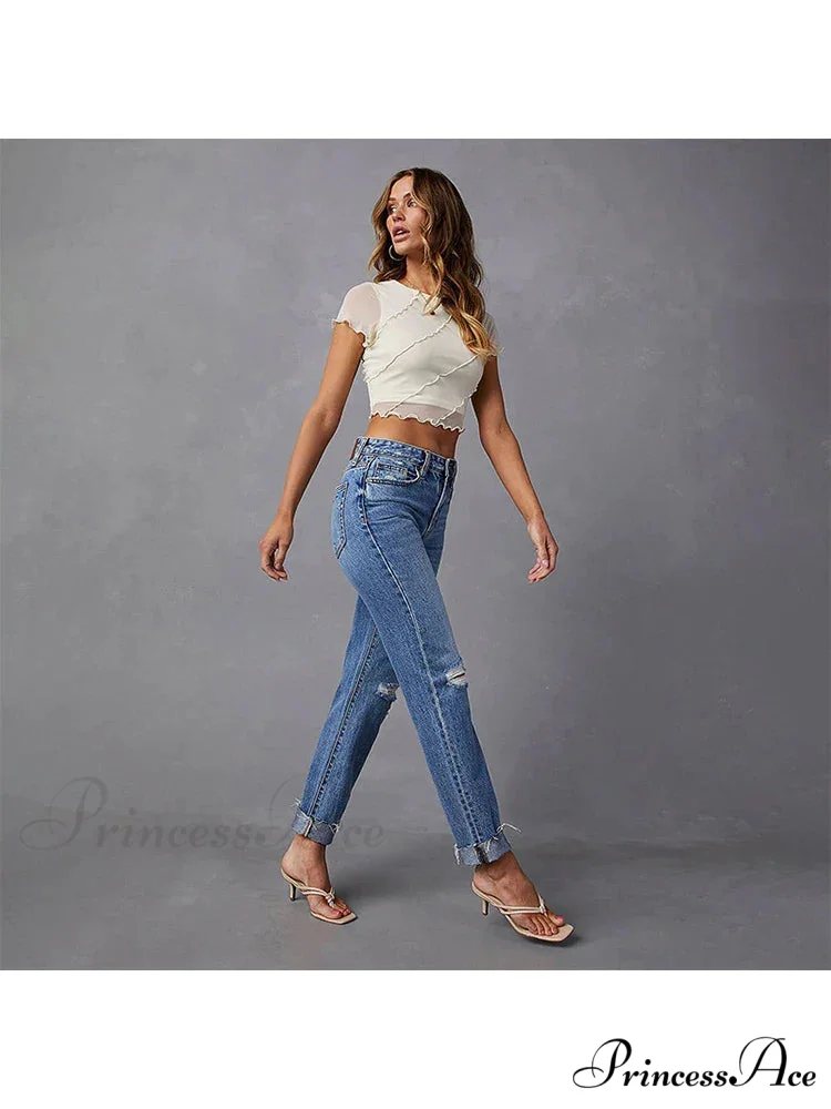 Stretch Blue High Waist Ripped Casual Fashion Streetwear Denim Jean - Image 3