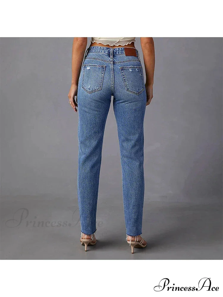 Stretch Blue High Waist Ripped Casual Fashion Streetwear Denim Jean - Image 5