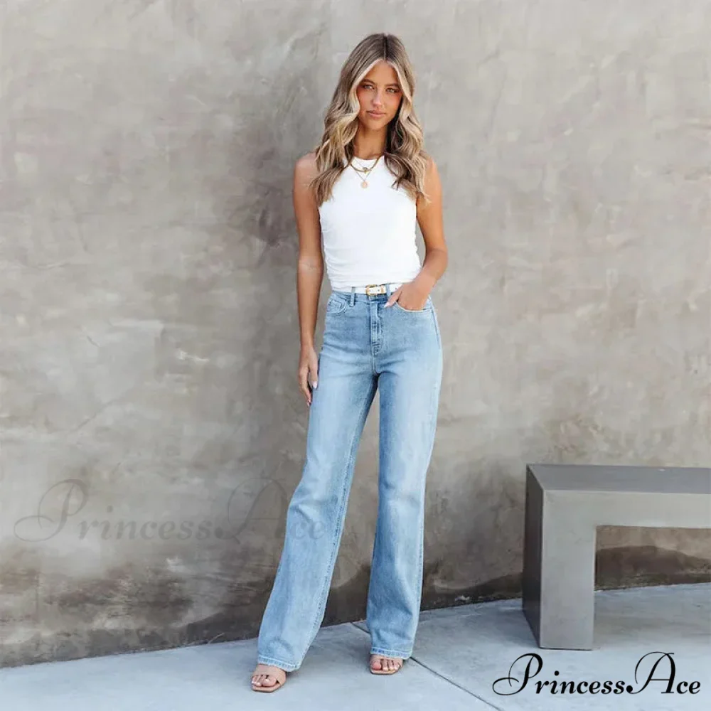 Stretch Blue High Waist Loose Wide Leg Vintage Fashionable Washed Straight Casual Jean - Image 3
