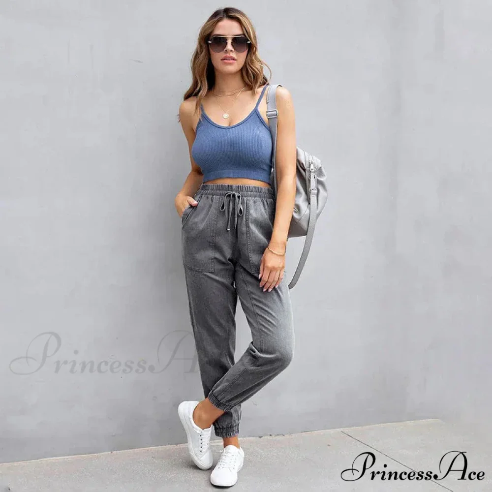 Stretch Women High Waist Wide Leg Casual Fashion Pocket Drawstring Women Clothing Mom Jean - Image 2