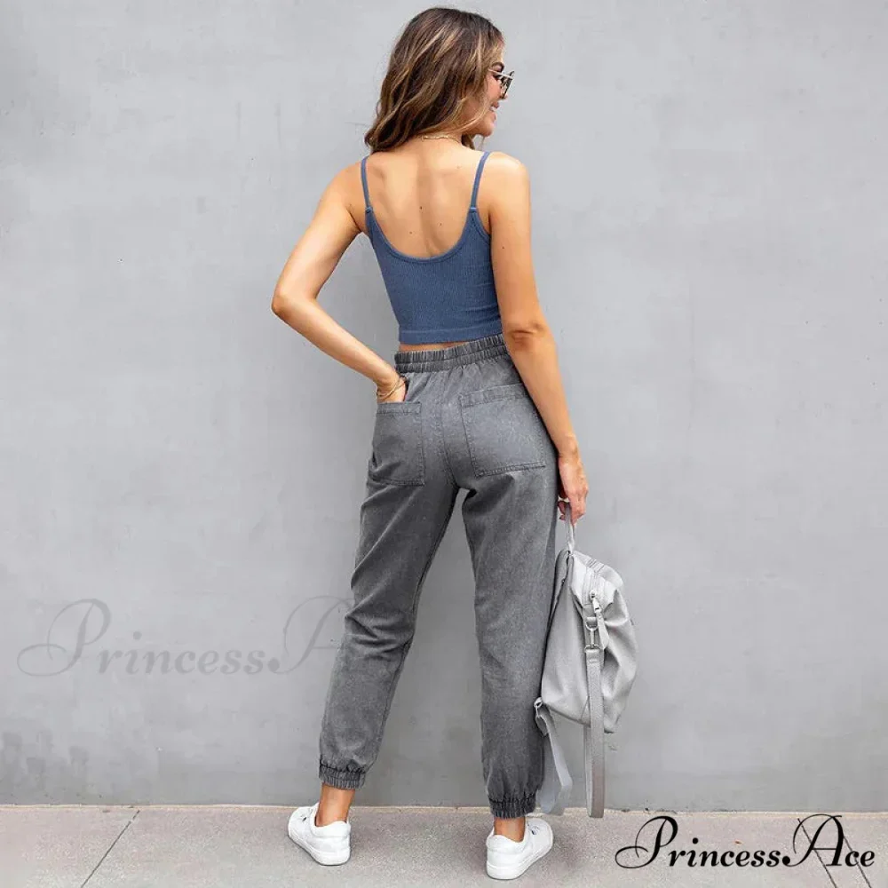 Stretch Women High Waist Wide Leg Casual Fashion Pocket Drawstring Women Clothing Mom Jean - Image 3