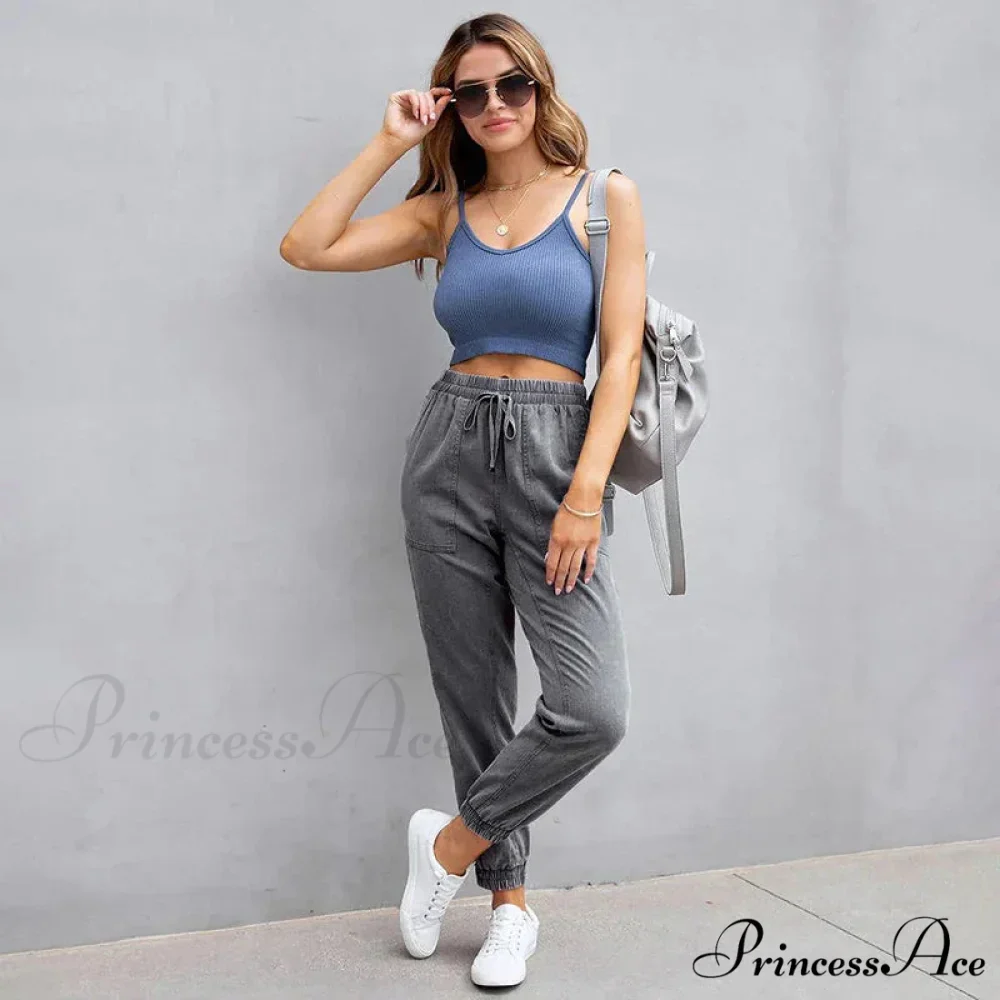 Stretch Women High Waist Wide Leg Casual Fashion Pocket Drawstring Women Clothing Mom Jean - Image 4