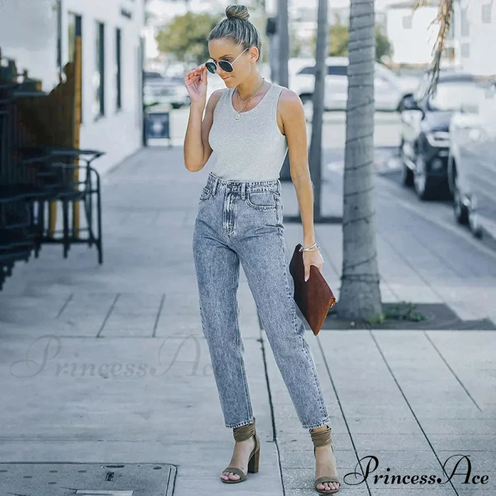 Slim Fit High-Waist Vintage Streetwear Casual Blue Denim Jean - Image 3