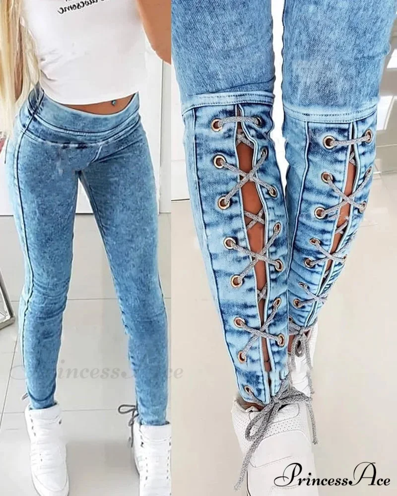 Slim-Fit Lace Up for Women Spring Autumn Fashion Streetwear Trousers Mid Waist Denim Pencil Pants Jean - Image 4