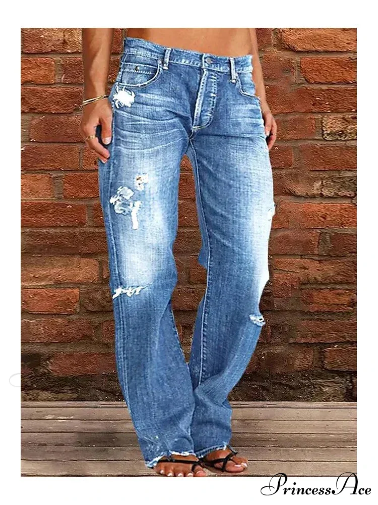 Vintage Middle-Waist Ripped Straight Blue Wide-Leg Denim Jean - Image 2