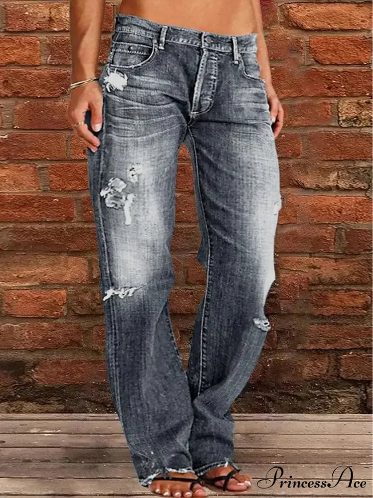 Vintage Middle-Waist Ripped Straight Blue Wide-Leg Denim Jean - Image 3