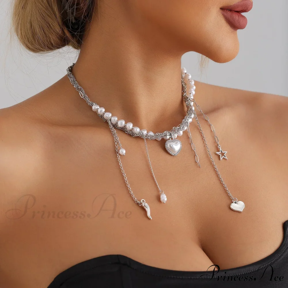 Multi-layer Heart Tassel Pearl Star Pendant Necklace - Image 2