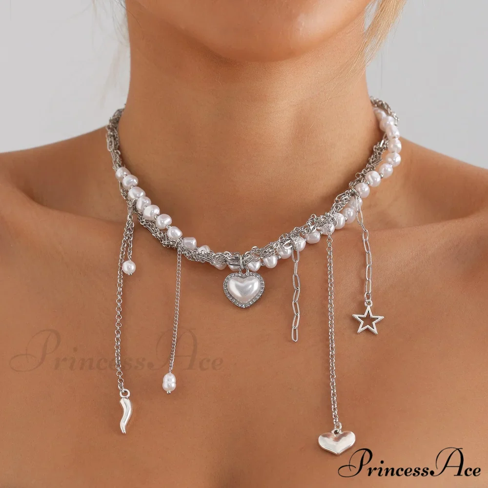 Multi-layer Heart Tassel Pearl Star Pendant Necklace - Image 3