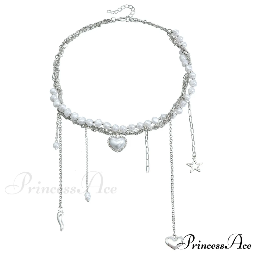 Multi-layer Heart Tassel Pearl Star Pendant Necklace - Image 4
