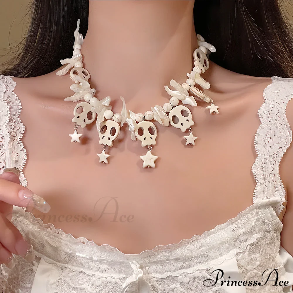 Punk Bow Skull Beaded Cross Star Pendant Necklace - Image 2
