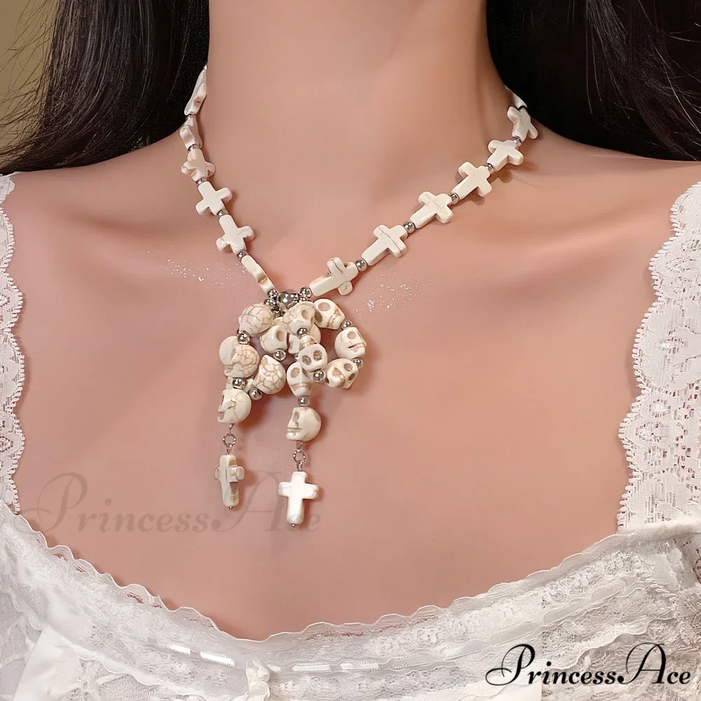 Punk Bow Skull Beaded Cross Star Pendant Necklace - Image 3