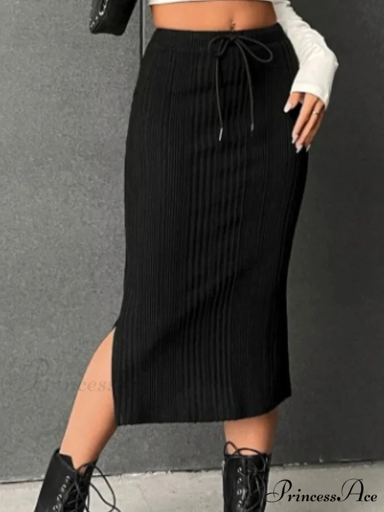 Tie Waist High-Waisted Drawstring Slit Knitted Solid Trendy Comfortable Skirt - Image 4
