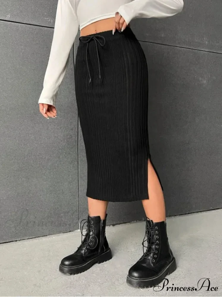 Tie Waist High-Waisted Drawstring Slit Knitted Solid Trendy Comfortable Skirt - Image 7
