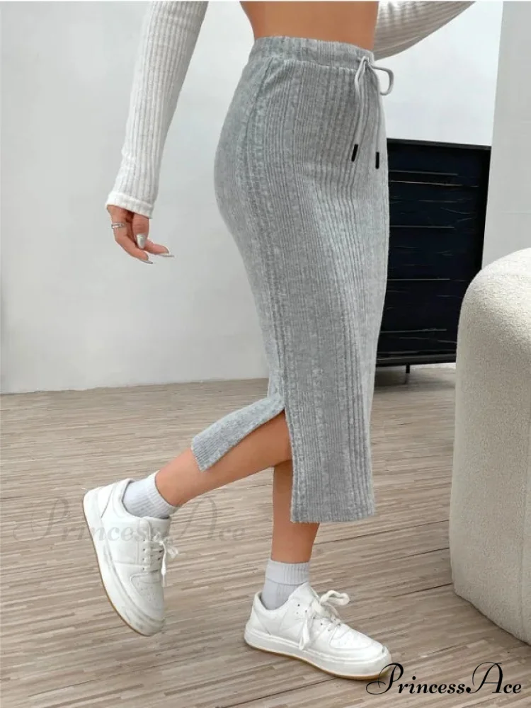 Tie Waist High-Waisted Drawstring Slit Knitted Solid Trendy Comfortable Skirt - Image 8