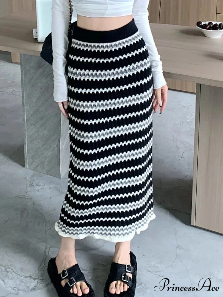 Colorful Elegant A-line Slim Fashion Black Chic Autumn Winter Midi Skirt - Image 2
