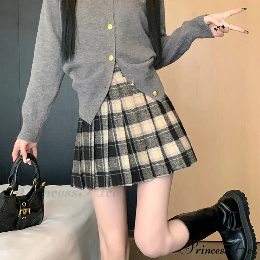 Preppy Vintage Plaid High Waist Thicken Winter Wool Mini Pleated Skirt - Image 2
