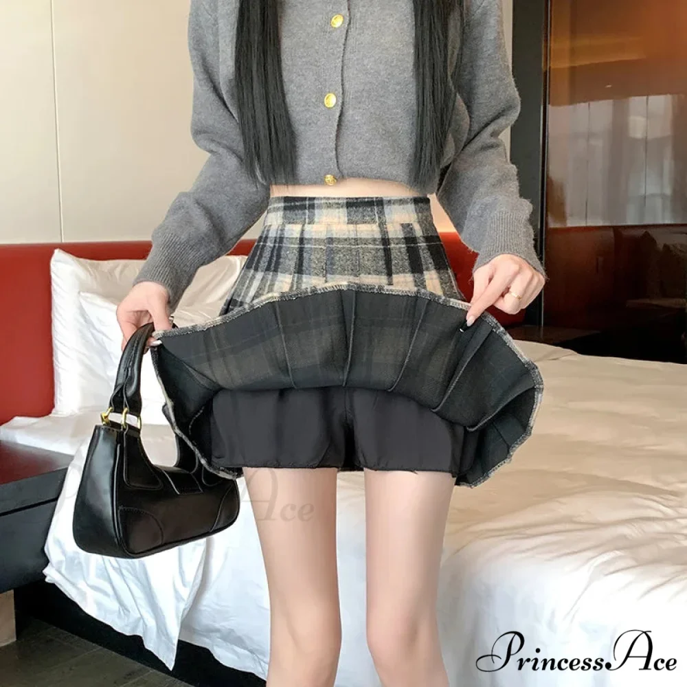 Preppy Vintage Plaid High Waist Thicken Winter Wool Mini Pleated Skirt - Image 3