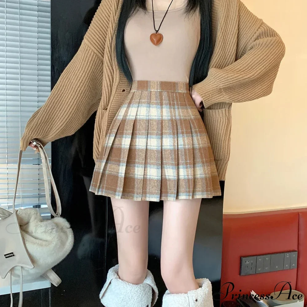 Preppy Vintage Plaid High Waist Thicken Winter Wool Mini Pleated Skirt - Image 4