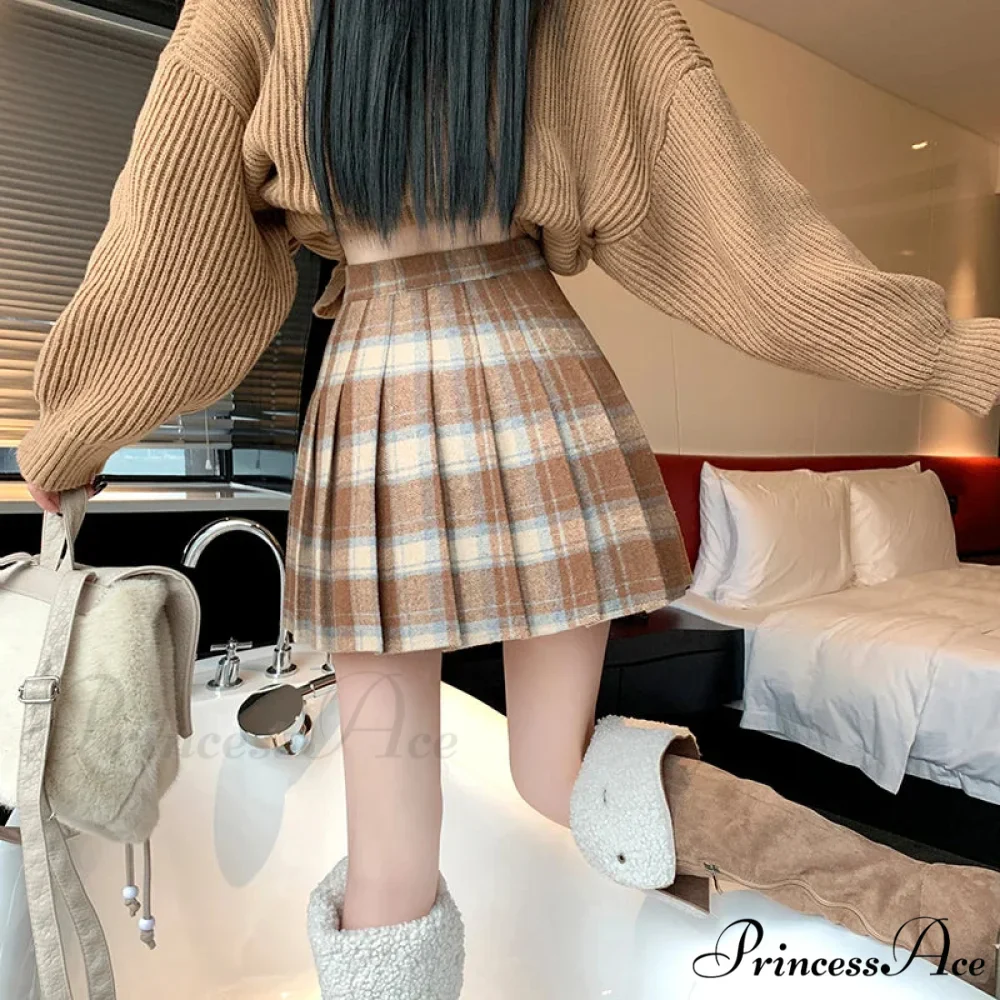 Preppy Vintage Plaid High Waist Thicken Winter Wool Mini Pleated Skirt - Image 5