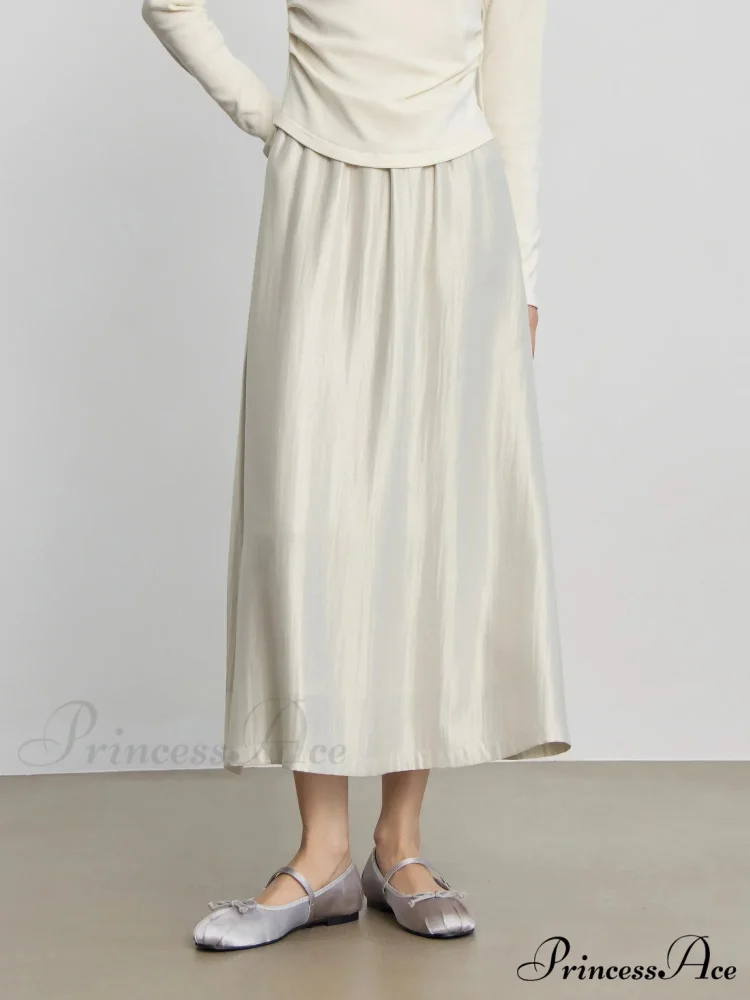 Solid Long High Waist Elastic Silver Grey Draped A-Line Commuter Skirt - Image 2