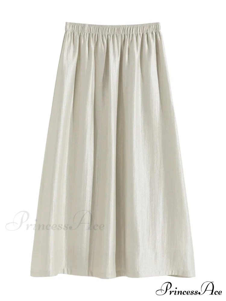 Solid Long High Waist Elastic Silver Grey Draped A-Line Commuter Skirt - Image 5