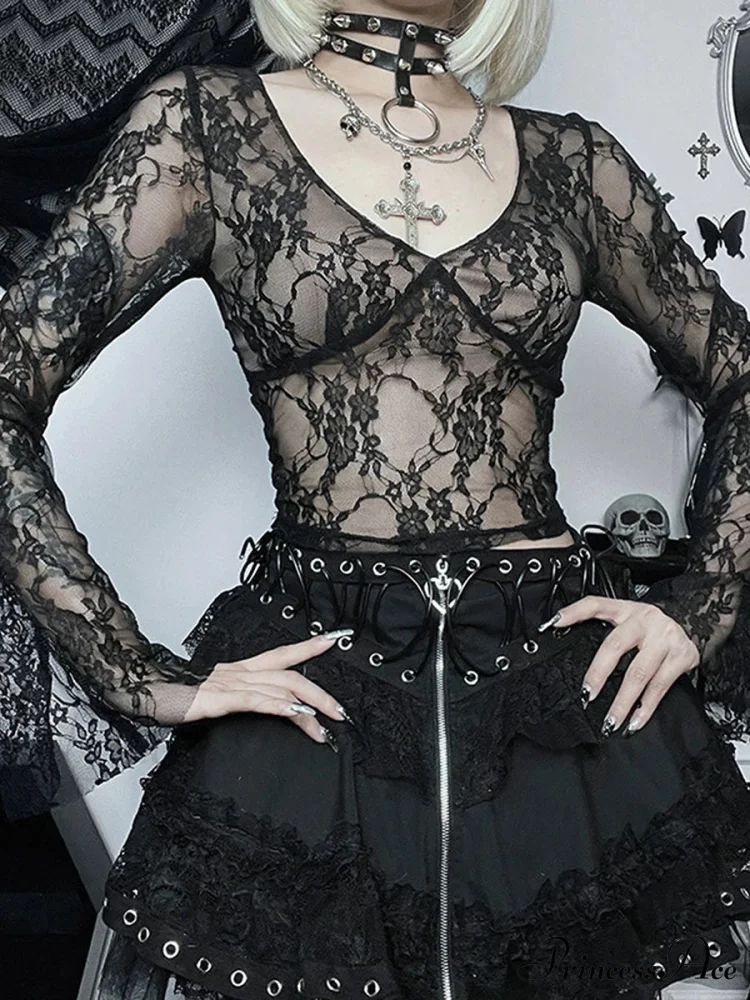 Lace Fairy Grunge V-neck See-Through Slim Fit Stylish Elegant Trendy Classic Crop Top - Image 2
