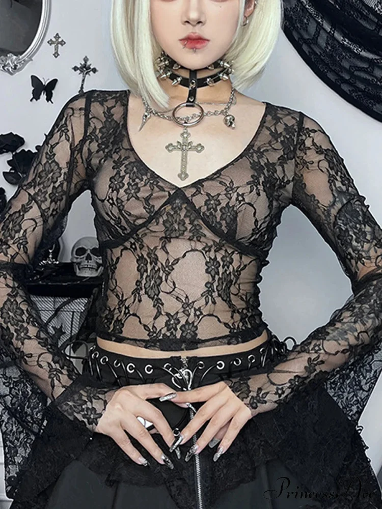 Lace Fairy Grunge V-neck See-Through Slim Fit Stylish Elegant Trendy Classic Crop Top - Image 3