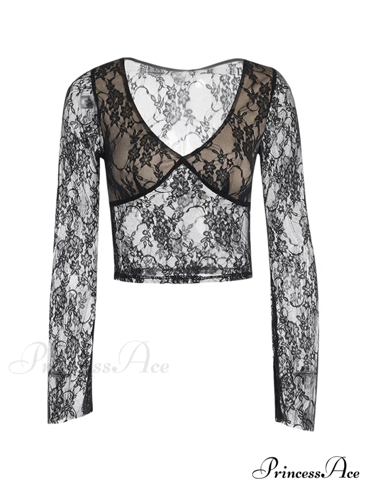 Lace Fairy Grunge V-neck See-Through Slim Fit Stylish Elegant Trendy Classic Crop Top - Image 5
