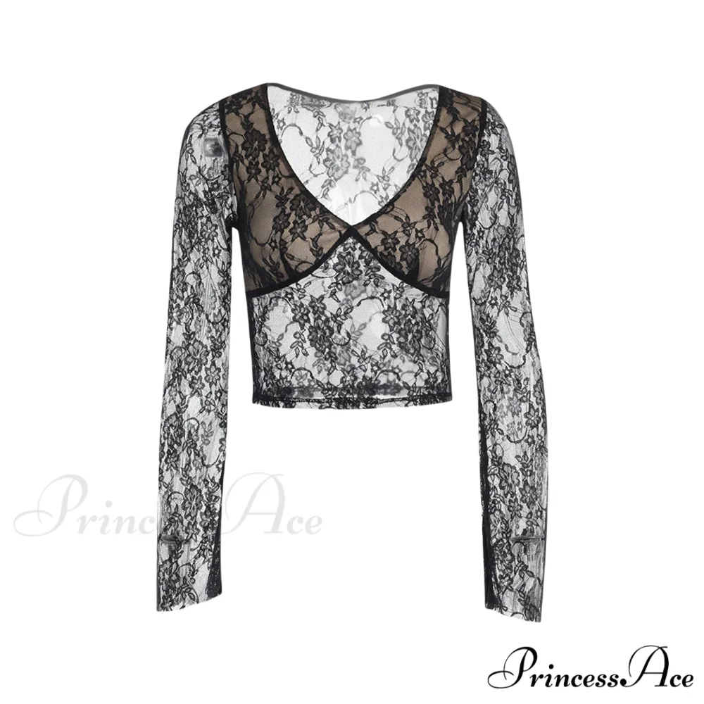 Lace Fairy Grunge V-neck See-Through Slim Fit Stylish Elegant Trendy Classic Crop Top - Image 6