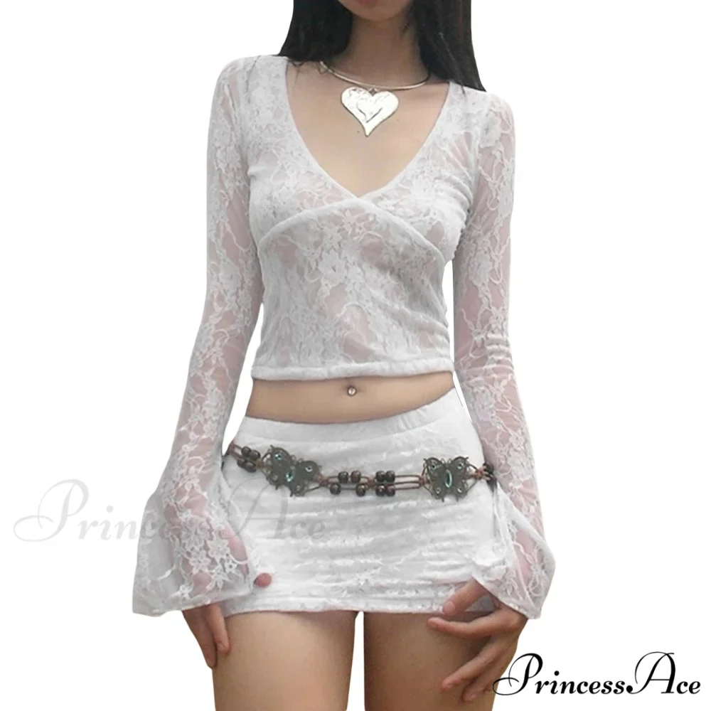 Lace Fairy Grunge V-neck See-Through Slim Fit Stylish Elegant Trendy Classic Crop Top - Image 7