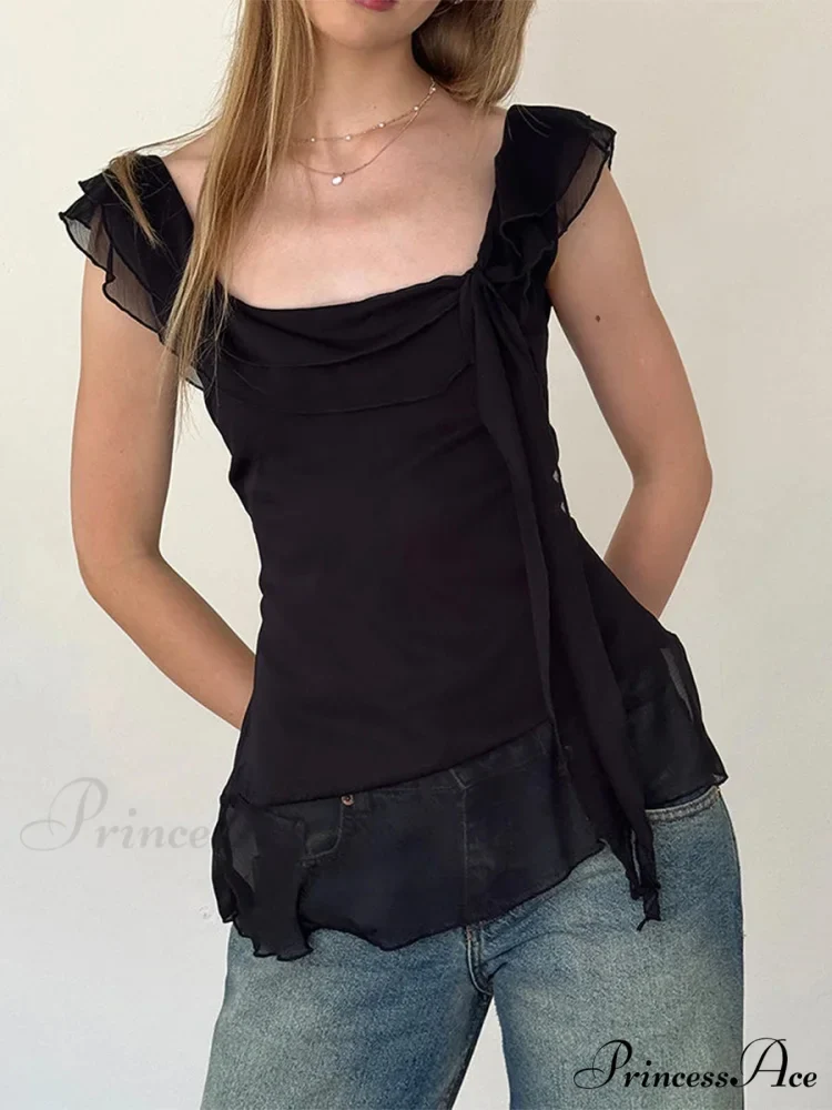 Sheer Mesh Sleeveless Backless 3D Stylish Elegant Trendy Chic Ruffle Crop Top - Image 3