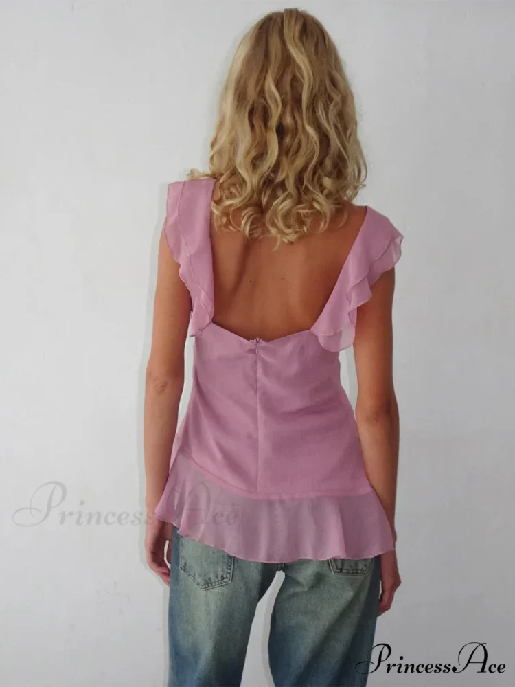 Sheer Mesh Sleeveless Backless 3D Stylish Elegant Trendy Chic Ruffle Crop Top - Image 4