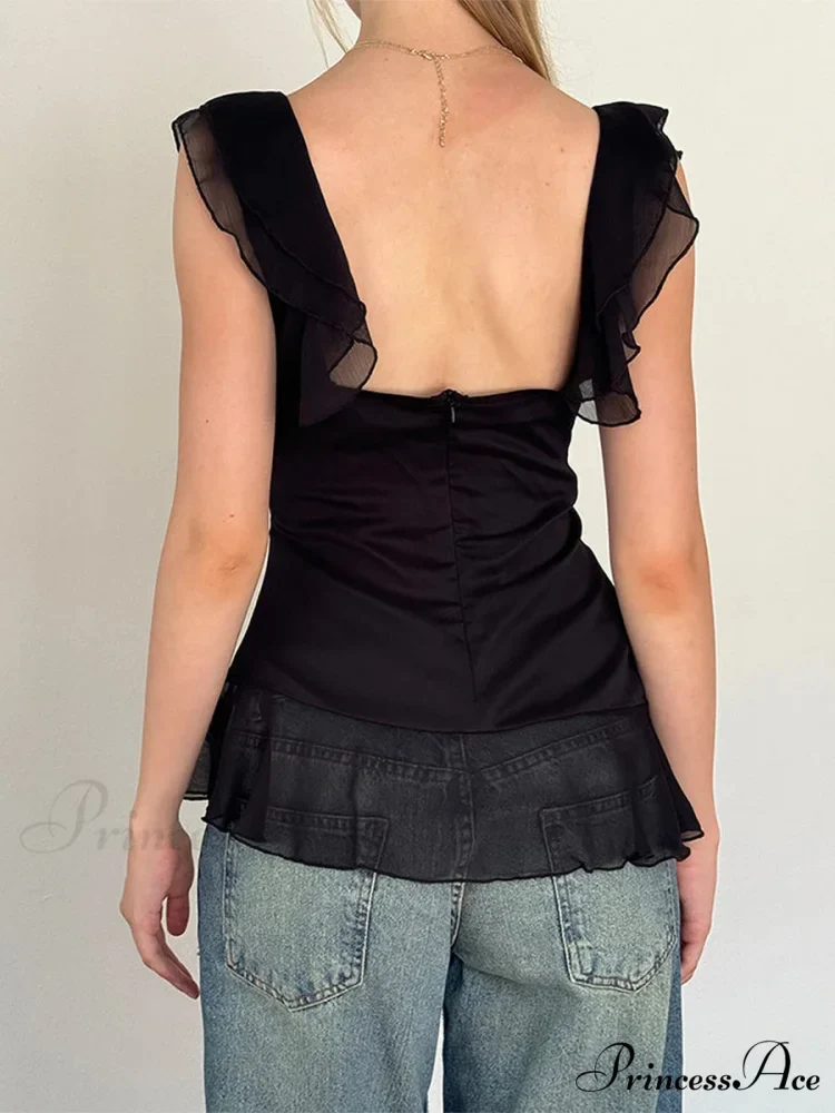 Sheer Mesh Sleeveless Backless 3D Stylish Elegant Trendy Chic Ruffle Crop Top - Image 5