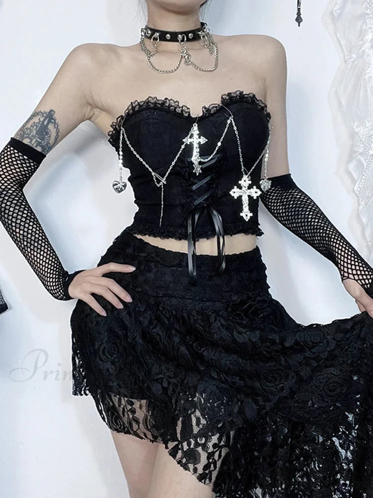 Gothic Dark Punk Harajuku Grunge Stylish Elegant Chic Trendy Lace-up Crop Top - Image 4